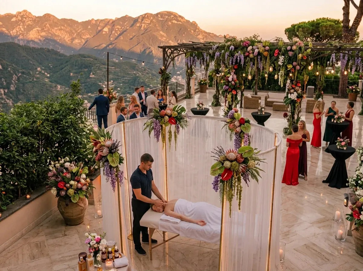 Rincón de masaje para invitados durante una boda en la Costa del Sol
